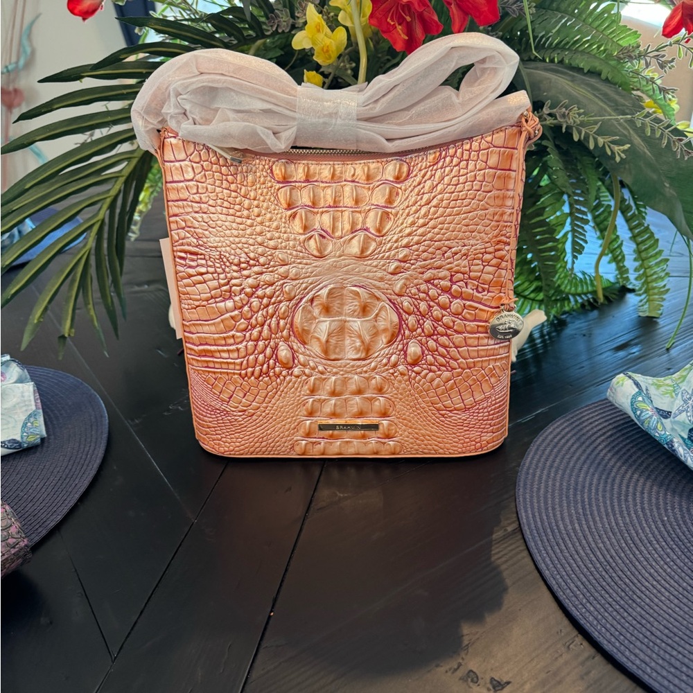 Brahmin Peach Crocodile-Embossed Crossbody Bag